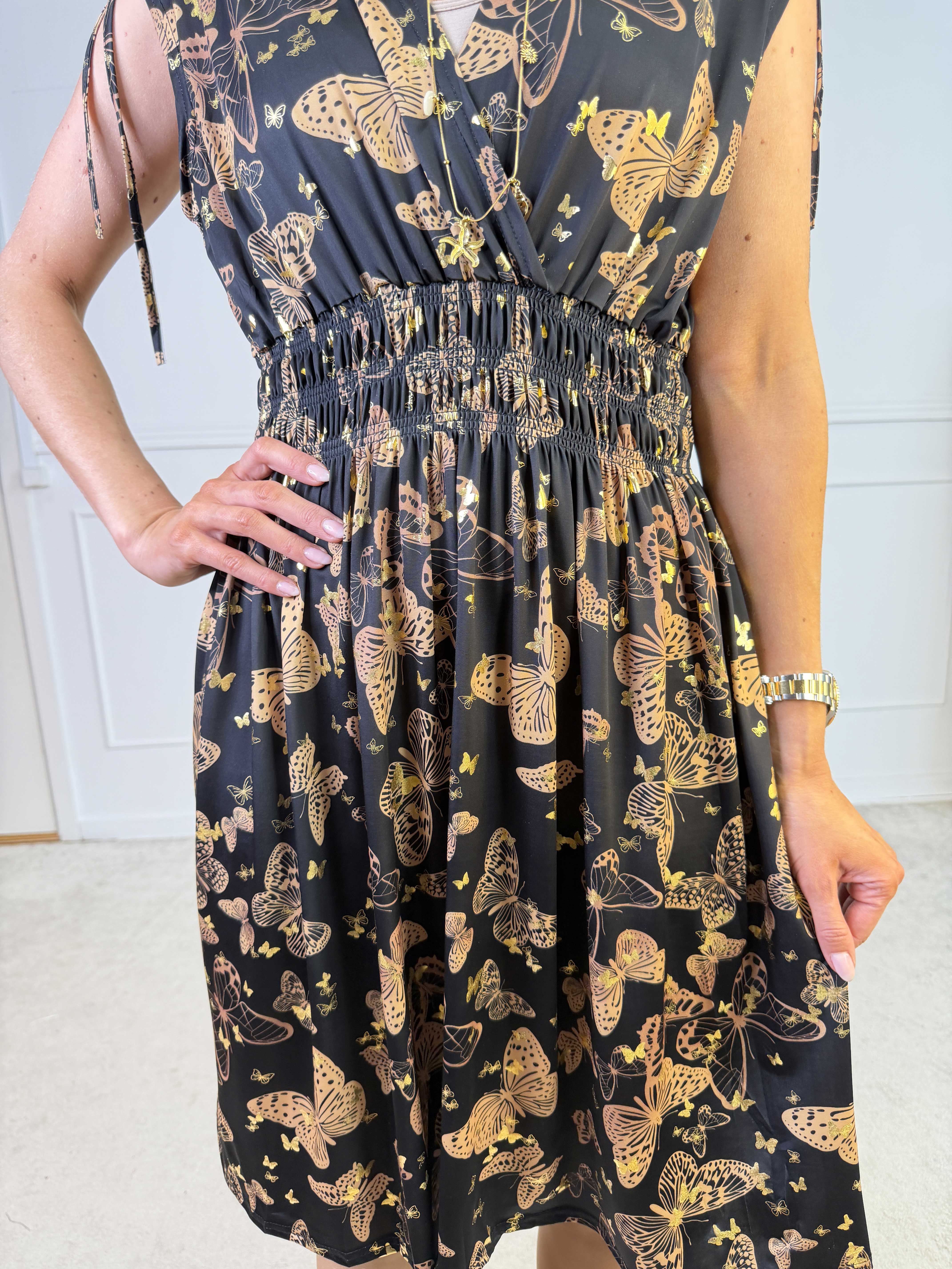 Pams Butterfly Sleeveless Short - Elastisk kjole med sommerfugleprint og smock i livet